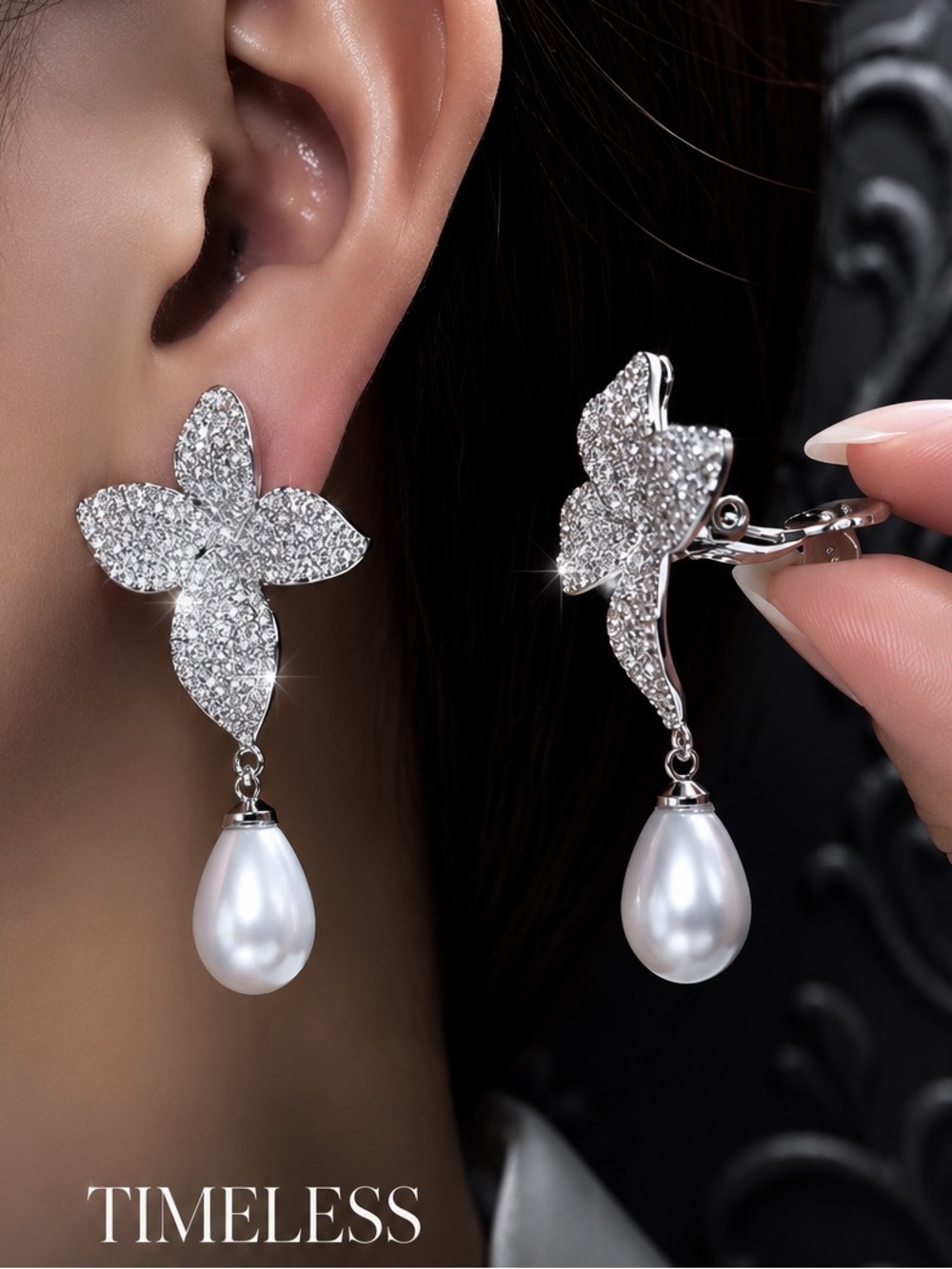 Silver Pavé Flower Clip-On Earrings with White Pearl Drops - Picture 3 of 8